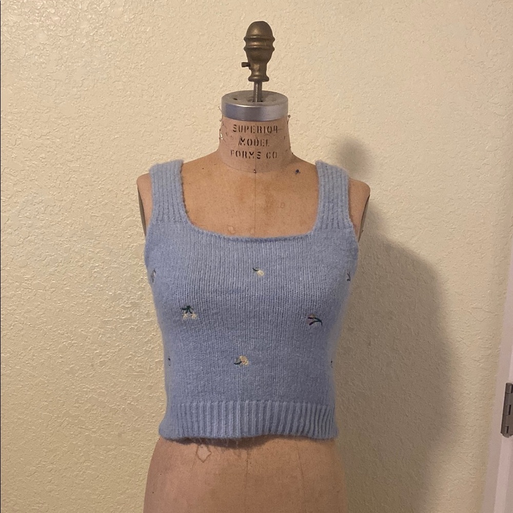Embroidered Floral Blue Knit Women's Top